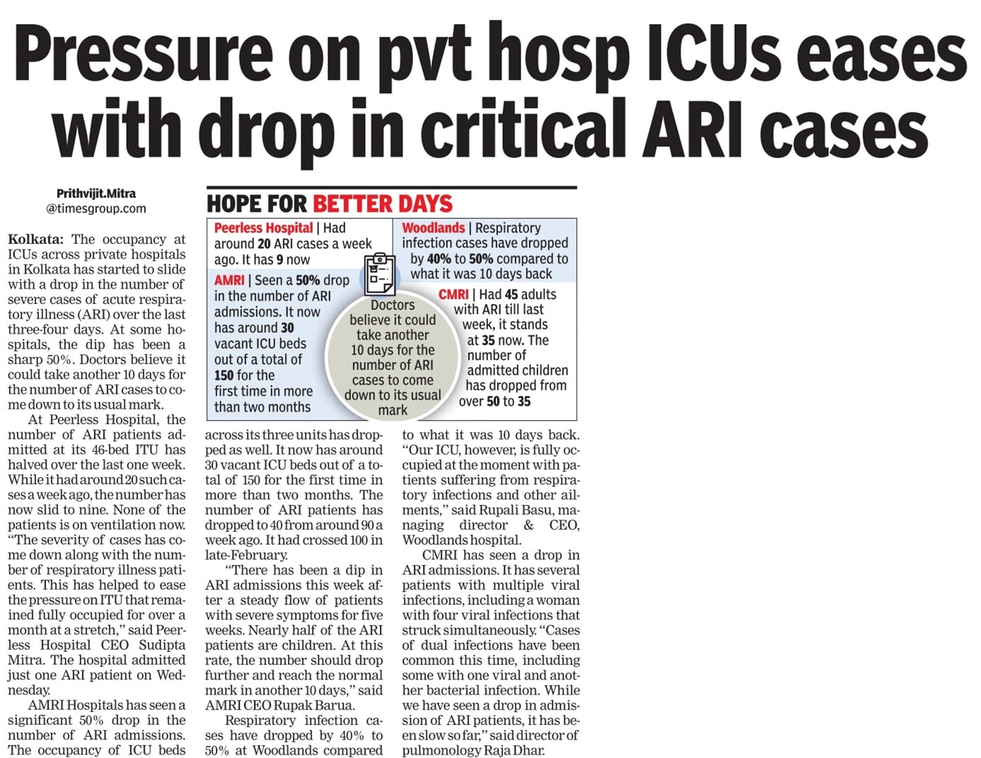 Pressure on pvt hosp ICUs eases with drop in critical ARI cases